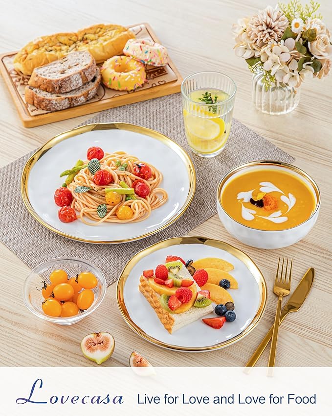 LOVECASA 12 Pieces Plates and Bowls Sets, Porcelain White and Gold Dinnerware Sets, Round Dinner Plates Dishes Set Service for 4, Dishwasher Safe and Scratch Resistant, White