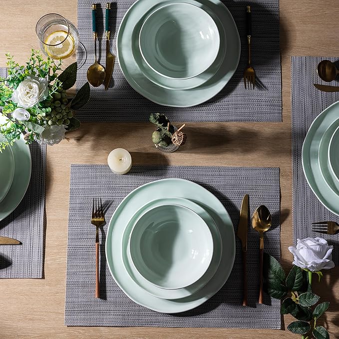 LERATIO Ceramic Dinnerware Sets for 4,Porcelain Plates and Bowls Sets with Wavy Edge,Microwave & Dishwasher & Oven Safe,Light Weight & Scratch Resistant Dishes Sets-Service for 4 (12pcs)-Light Green