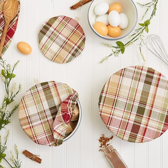 DII Reusable Cloth Bowl Cover Collection Machine Washable, Cotton with Elastic Stretch for Food Storage, 10.25"/8.25"/7.5" Diameter, Give Thanks Plaid, 3 Piece