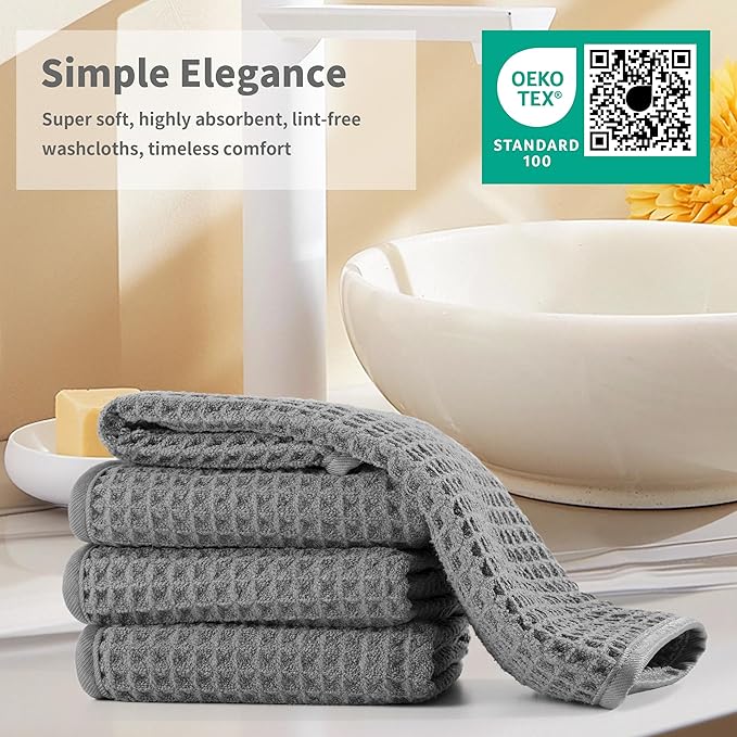 Microfiber Waffle Face Towels, 4 Pieces, Soft, Absorbent, Fast Drying, Lint Free (Gray)