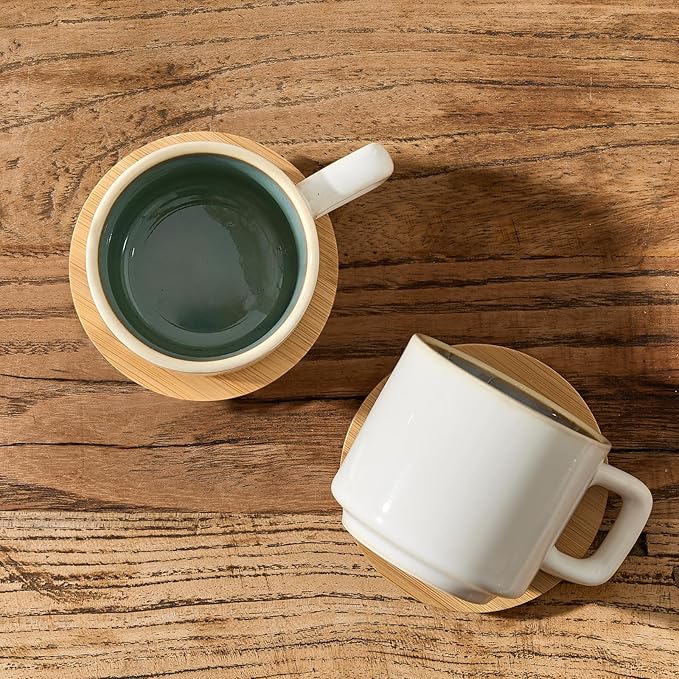 LUKA Porcelain Stackable Espresso Cups with Saucers and Metal Stand, 4 Ounce Small Ceramic Demitasse Cups Set for Latte, Specialty Coffee Drinks, Cafe Mocha,Tea - Set of 4, White Green Interior