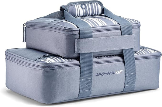 Rachael Ray Lugger Duo, Insulated Casserole Carrier for Hot or Cold Food, Thermal Lasanga Lugger Tote for Potluck, Parties, Picnic, and Cookouts, Fits 9" x 13" Baking Dish, Slate Stripe