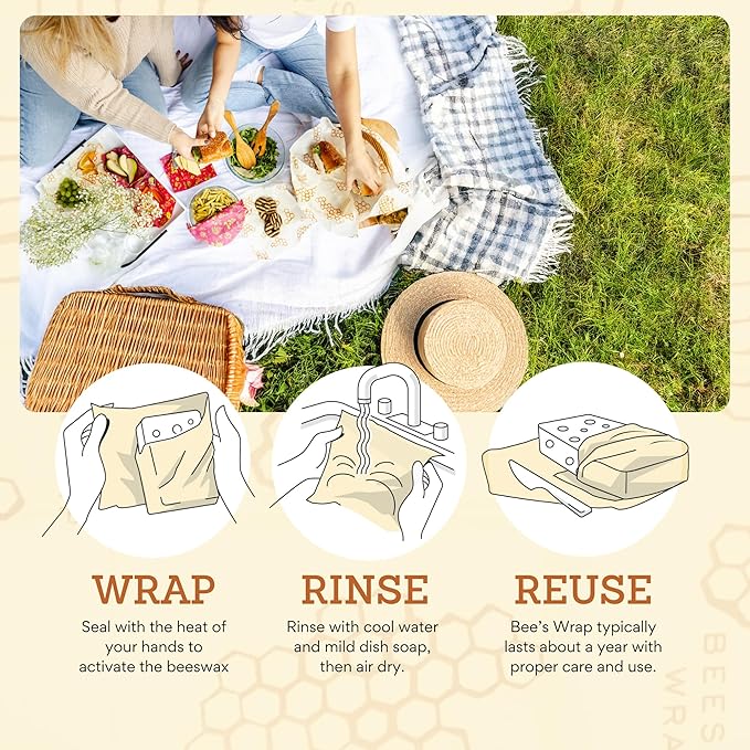 Bee's Wrap Vegan Beeswax Wraps for Food - Meadow Magic Medium 3 Pack Made in USA Reusable & Organic Food Wraps, Sandwich Wrap & Bowl Covers - Eco-Friendly Alternative to Aluminum Foil & Plastic Wrap