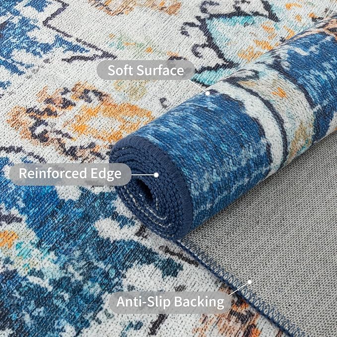 Easy-Going Boho Area Rug 3x5 Entryway Rug Washable Inside Door Mats for Home Entrance Non-Slip Tangerine Vintage Small Rugs for Entry Living Room Bedroom Kitchen Lightweight Carpet, Floral Aqua Yellow