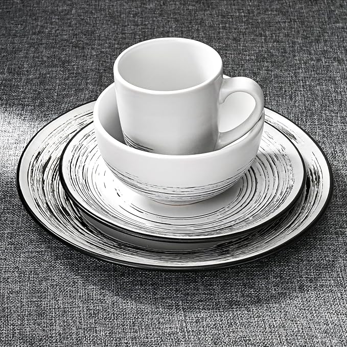 Homlouue 16 Pcs Stoneware Dinnerware Sets for 4, Porcelain Farmhouse Plates Bowls Mugs Set - Minimalist Chip Resistant Dish Set, Microwave & Dishwasher Safe in White and Black Thread