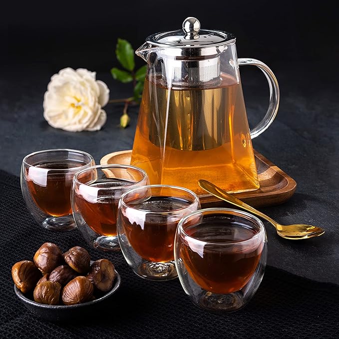 Mixpresso 5 Piece Glass Tea Pot Set, Kettle with Removable Infuser, Clear Glass Teapot 33oz With 4 Double Wall Cups 2.7oz Stovetop Safe Teapot For Loose Leaf Tea, Perfct As Tea Gift Sets.