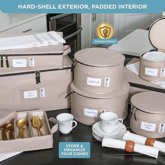 Hard Shell China Storage Containers 12-Piece Set Moving Boxes for Dinnerware, Glasses, Plates, Mugs and Saucers Sturdy Dish Organizer with Dividers for Seasonal Storage - Service for 12 - Brown
