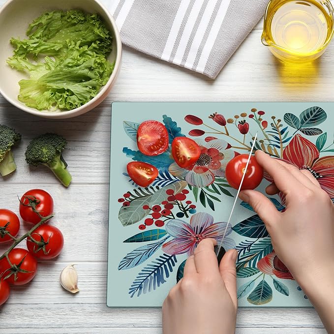 Ambesonne Christmas Cutting Board, Vintage Xmas Wreth Ornate Arrange with Poinsettia Flowers and Berries, Decorative Tempered Glass Cutting and Serving Board, Large Size, Dark Coral Petrol Blue