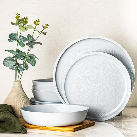 bzyoo 12 Piece Melamine Dinnerware Set - Durable, Dishwasher Safe White Plates and Bowls - for Casual Dining, Parties Dish Set, White Mono Collection