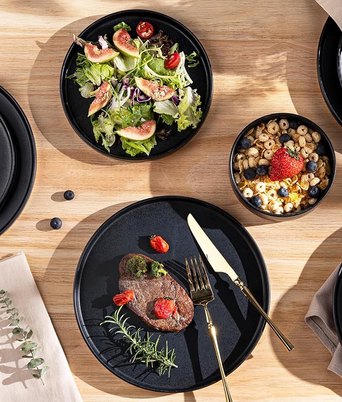 TheTerra Ceramic Dinnerware Sets for 4, 12 Pieces Handmade Reactive Glaze Plates and Bowls Set, Scratch Resistant Dish Set, Oven & Microwave & Dishwasher Safe, Matte Black