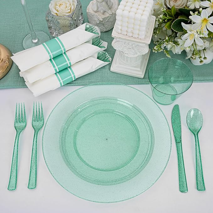 DaYammi 350 Pieces Green Glitter Dinnerware Set 50 Guest for Party- 50 Dinner Plates, 50 Dessert Plates -50 Per Rolled Napkins with Green Cutlery - 50 Disposable Cups 9 OZ