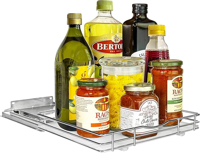 LYNK PROFESSIONAL® Pull Out Spice Rack Organizer for Inside Kitchen Cabinets - 12-3/8 inch Wide - Slide Out Drawer – Chrome Sliding Spice Cabinet Organization Shelf Racks - 1 Tier