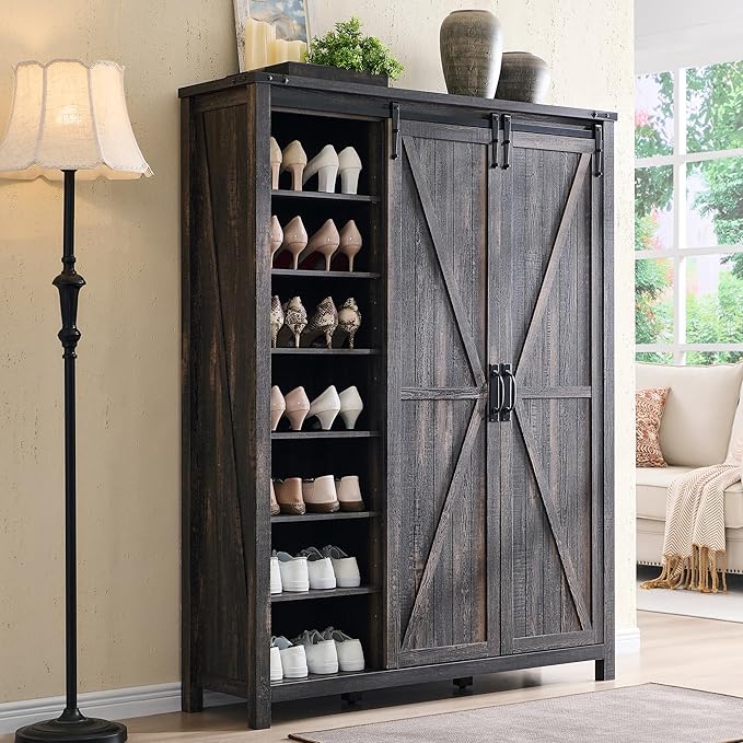 OKD Shoe Storage Cabinet with 2 Sliding Door, 7-Tier 62" Tall Farmhouse Entryway Shoe Organizer, Freestanding Rustic Hidden Shoe Rack Cabinet for Entryway, Dark Rustic Oak