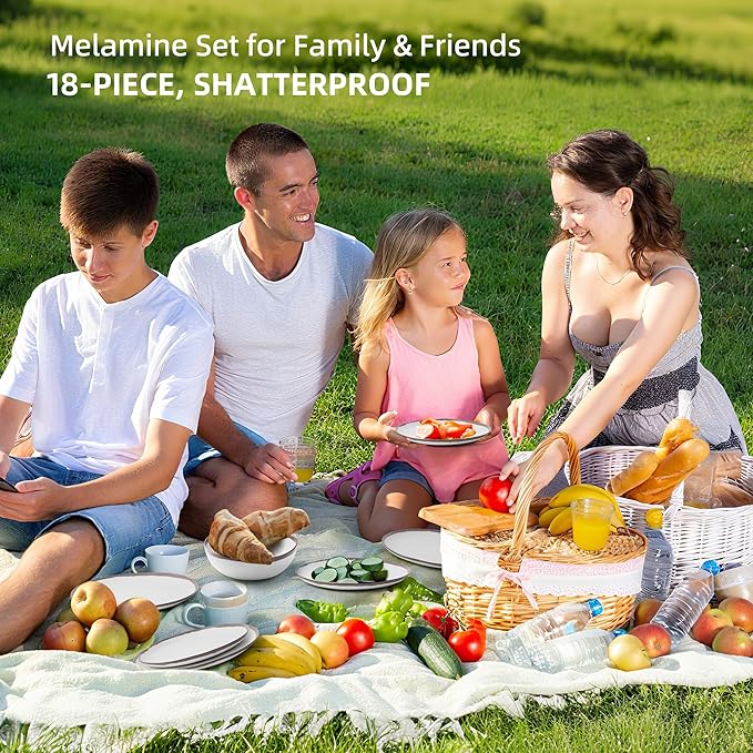 18PCS Purple Rim Vintage Melamine Dinnerware Set For 6 Outdoor Plates and Bowls Sets, Dishes Set