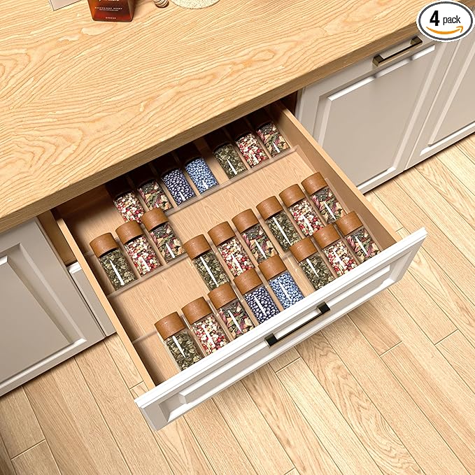 Spice Drawer Organizer,4 Tier- 4 Pack Acrylic Seasoning Jars Drawer Organizer Insert, Kitchen Spice Rack Organizers for Drawer/Countertop (Jars Not Included),Expandable From 13" to 26" Wide
