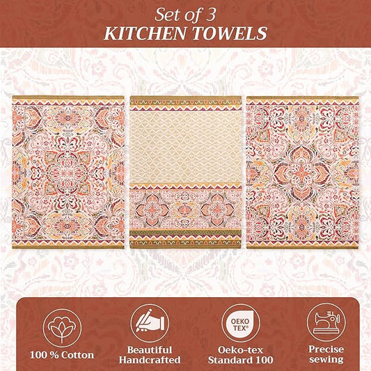 Maison d' Hermine Kitchen Towels Set of 3 100% Cotton 20" x 27.5" Reusable Cloth Tea Dish Towels Absorbent with Hanging Loop for Kitchen Dining Thanksgiving Christmas Decorations (Damask)