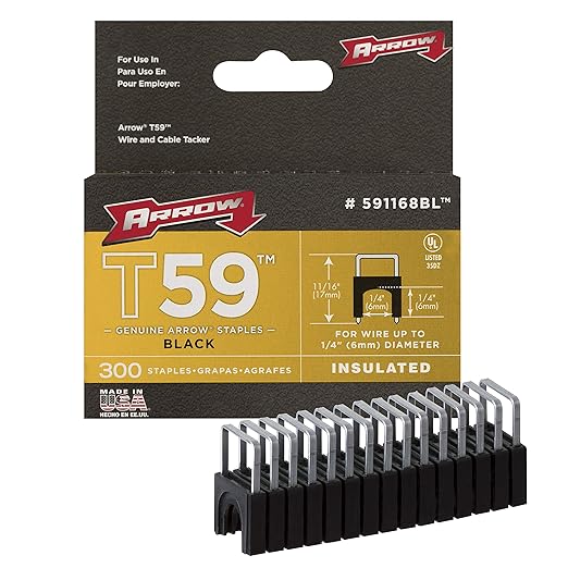 Arrow 591168 Genuine T59 Steel 1/4-Inch by 1/4 Crown Width Insulated Staples for Cable and Wiring, Black, 300 Count