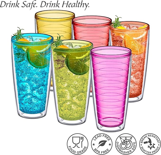 Amazing Abby - Alaska - 24-Ounce Insulated Plastic Tumblers (Set of 6), Double-Wall Plastic Drinking Glasses, Mixed-Color Reusable Cups, BPA-Free, Shatter-Proof, Dishwasher-Safe