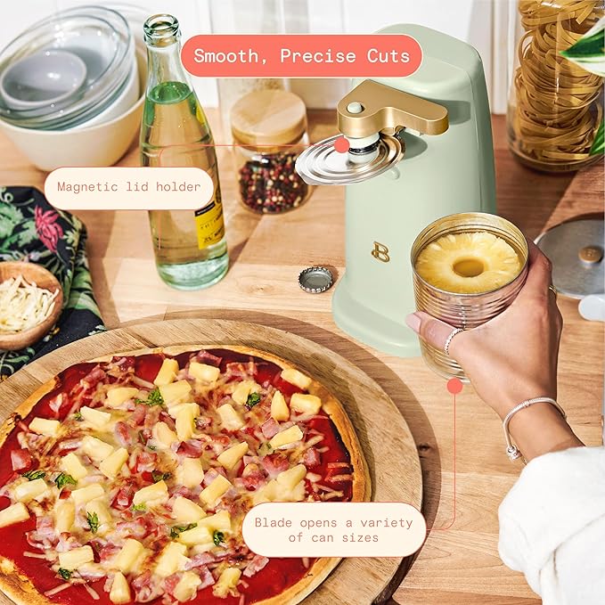Beautiful Easy-Prep Electric Can Opener, Stainless Steel Blade, Built-in Knife Sharpener, Auto-Stop Safety, Cord Storage by Drew Barrymore (Sage green)
