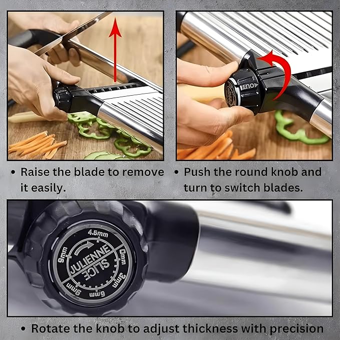 Mandoline Slicer for Kitchen, Adjustable Stainless Steel Vegetable Chopper & Food Slicer for Potato, Onion, Tomato, Cucumber & Fruit, Includes Julienne Blades & Cut-Resistant Gloves