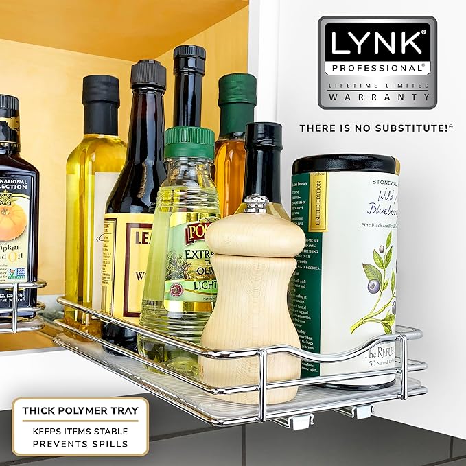 LYNK PROFESSIONAL® Pull Out Spice Rack Organizer for Inside Kitchen Cabinets - 6-3/8 inch Wide - Slide Out Drawer – Chrome Sliding Spice Cabinet Organization Shelf Racks - 1 Tier