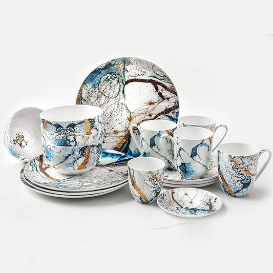 KOKEN - Ocean Blue 16 Piece Dinnerware Set (Service for 4) fine bone china - Dish Plates and Bowls Sets, Service for 4, Dinner Salad Dessert Plates, and Cereal Bowls Set, Blue - Microwave safe