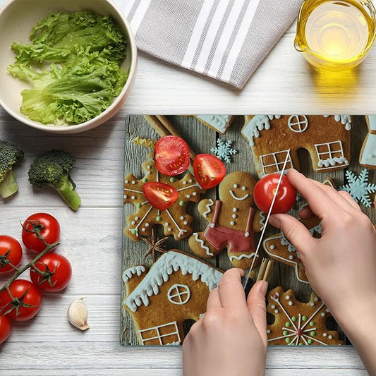 Ambesonne Gingerbread Man Cutting Board, Tasty Looking Traditional Cookies Little Snowflakes Cinnamon, Decorative Tempered Glass Cutting and Serving Board, Large Size, Brown White