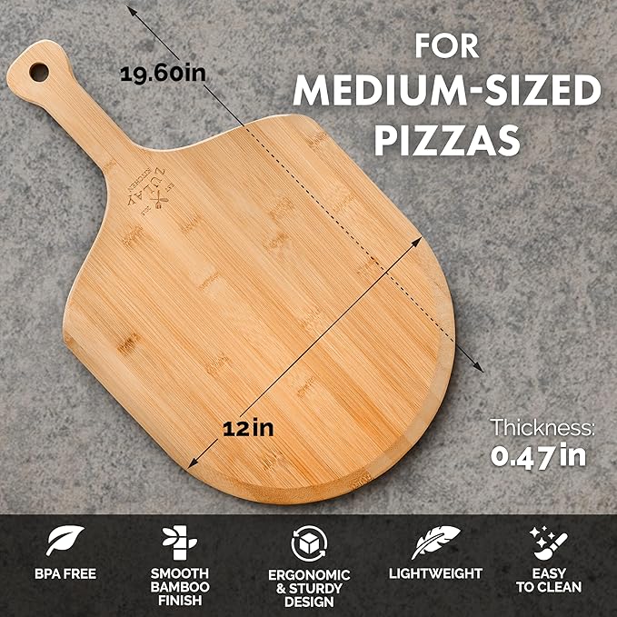 Zulay Kitchen Bamboo Pizza Peel – Medium 12” Wooden Pizza Paddle with Long Handle – Easy-Glide Beveled Edge for Baking, Transferring & Serving – Durable Pizza Board for Oven, Stone & Grill