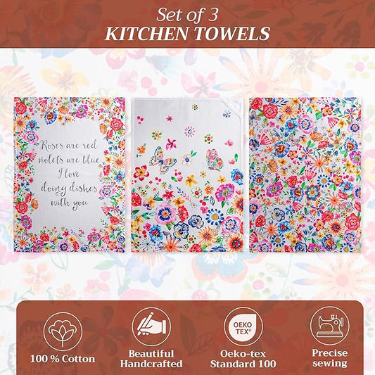 Maison d' Hermine Kitchen Towels Set of 3 100% Cotton 27.50" x 20" Reusable Cloth Tea Dish Towels Absorbent with Hanging Loop for Kitchen, Cocktail Parties Spring/Summer (Happy Florals - High Summer)