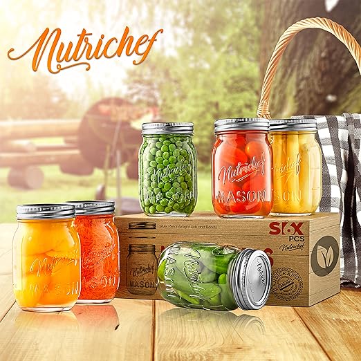 NutriChef 6-Pack 16 oz Mason Jars with Lids - Thick Glass Canning Jars with Stainless Steel Lids - Ideal for DIY Spices, Meal Prep, Overnight Oats, Jelly, Jam, Honey, Candles, Crafts, & More