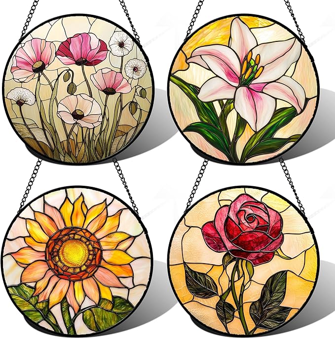 Stained Glass Window Hanging 4 Pcs Set Lily Rose Sunflower Poppy 9.8" - Flower Suncatcher Door Garden Sun Catcher Decor Birthday Mother's Day for Wife Woman Nana Girl
