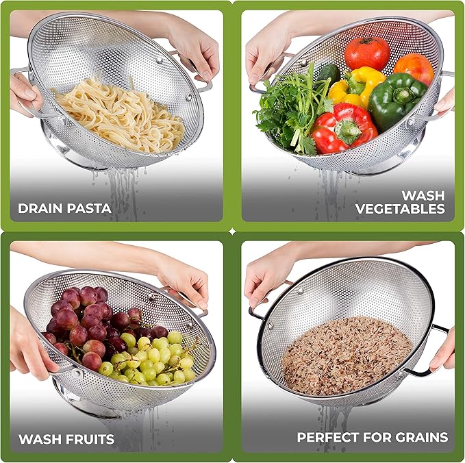 LiveFresh Stainless Steel Micro-Perforated 5-Quart Colander - Professional Strainer with Heavy Duty Handles and Self-draining Solid Ring Base - Dishwasher Safe