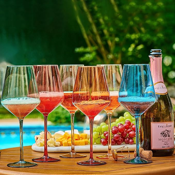 Colored Cordial Glasses Set of 6, 18oz Crystal Unique Fall Drinking Wine Glass Cups with Stem - Luxury Multi Color Glassware Gift Set for Wife & Mom - Colorful Hand Blown Drinkware for Red White Wine.