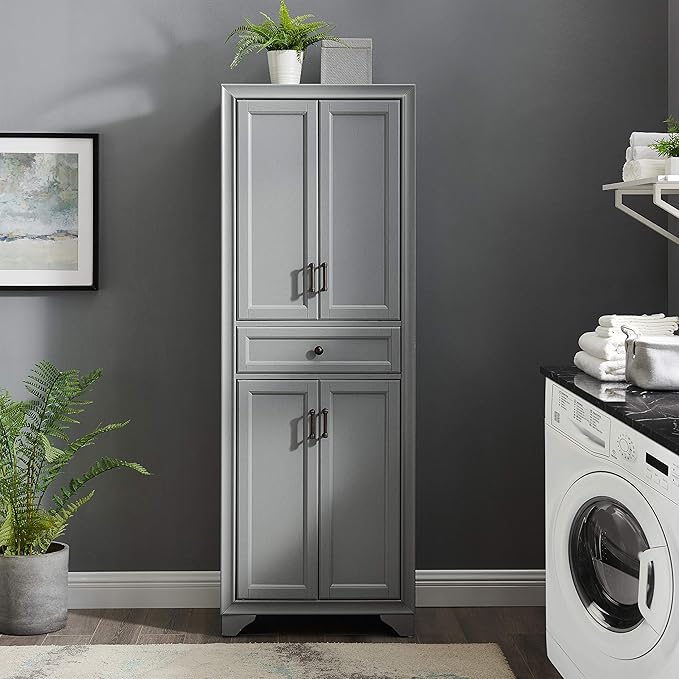 Crosley Furniture Tara Pantry Storage Cabinet with Shelves, Kitchen, Dining, or Laundry Room, Distressed Gray