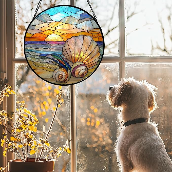 Stained Glass Window Hanging - Colorful Beach Shells Conch Sun Catcher for Door Home Decor Ocean Suncatcher Christmas Mother's Day Birthday Sea Lover Gifts for Women Men Mom Nana 6.3 in