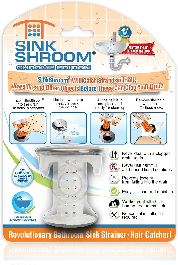 SinkShroom Revolutionary Bathroom Sink Drain Protector Hair Catcher, Strainer, Snare, Silicone , Brushed, Sinkshroom Chrome Edition, 1" -1.4"