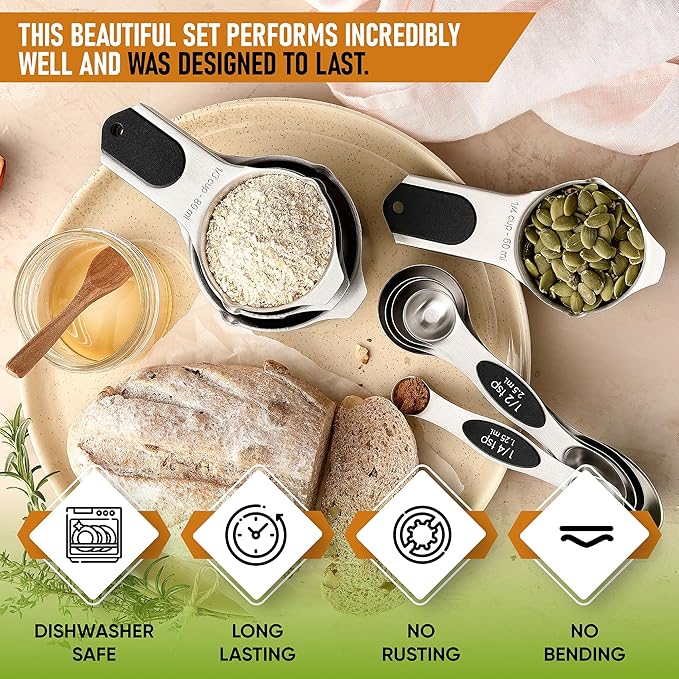 Spring Chef Magnetic Measuring Cups & Spoons Set, Patented, Strong N45 Magnets, Heavy Duty Stainless Steel Fits in Spice Jars for Baking & Cooking, BPA Free, Round Set of 9, Black