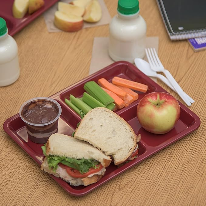 Carlisle FoodService Products Right Hand 4-Compartment Cafeteria / Fast Food Tray, 8.5" x 11", Dark Cranberry (Pack of 12)