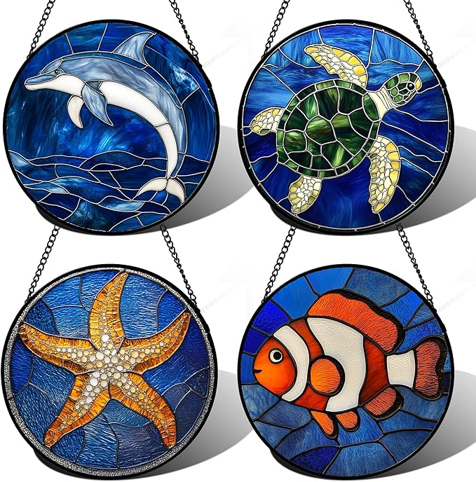 Stained Glass Window Hanging 4 Pcs Set Blue Ocean Turtle Dolphin Large 15" - Marine Life Suncatcher Garden Sun Catcher Decor Birthday Mother's Day for Mom Woman Nana Men