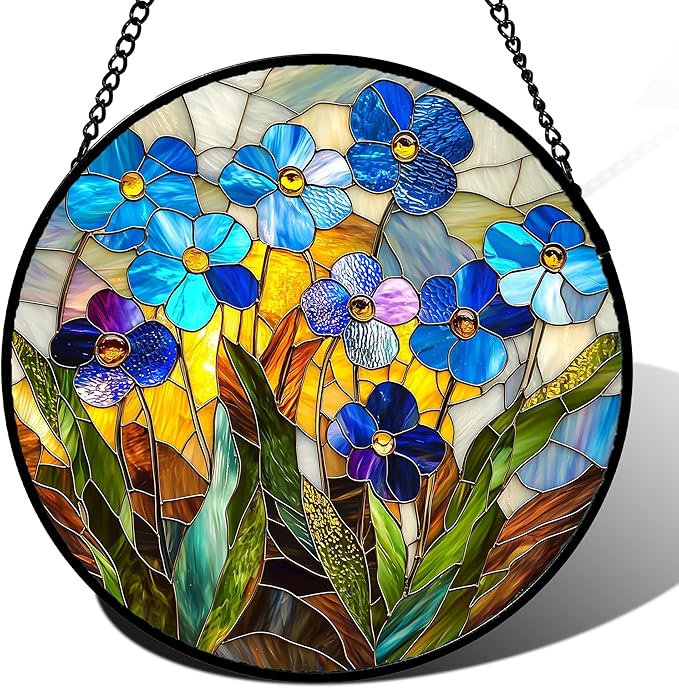 Stained Glass Window Hanging - Blue Wildflower Plant Flowers Sun Catcher for Door Garden Home Decor Suncatcher Christmas Mother's Day Birthday Gifts for Women Men Mom Nana 11.8 in