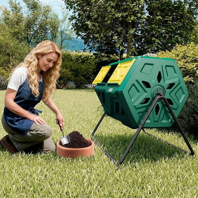 43 Gallon Compost Bin with Gloves, Fast Assembly & Easy Setup Outdoor Compost Tumbler, Updated Dual Chamber Tumbling Composter for for Garden, Kitchen, and Yard Waste, Green