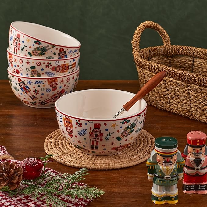 Bico Christmas Soldier Cereal Bowls Set of 4, 26 oz Deep Ceramic Soup Bowls for Cereal, Salad, Noodles, Kitchen, Microwave and Dishwasher Safe, Gift for Housewarming and Thanksgiving