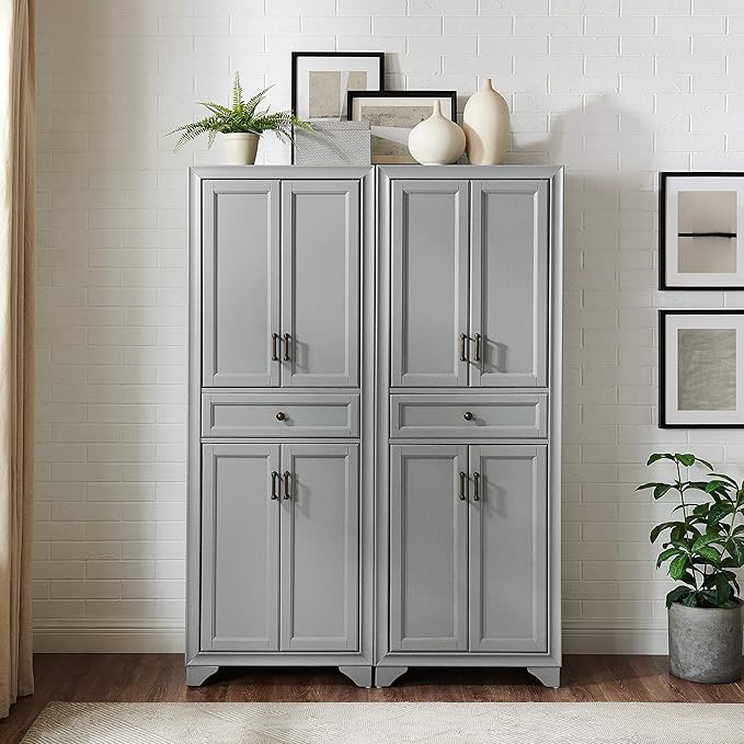 Crosley Furniture Tara 2-Piece Pantry Storage Cabinet Set with Shelves, Kitchen, Dining, or Laundry Room, Distressed Gray