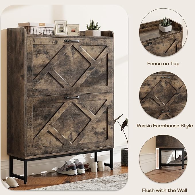 Nicetree Shoe Cabinet with 2 Flip Drawers, Freestanding Shoe Storage Cabinet with Metal Legs, Farmhouse Shoe Organizer for Entryway, Foyer, Hallway, Rustic Brown