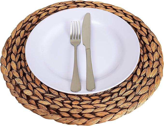 CENBOSS Woven Placemats (13.5" Set of 6, Brown Wash) Round Placemat, Wicker Place mats, Rattan Place mat, Plate Chargers