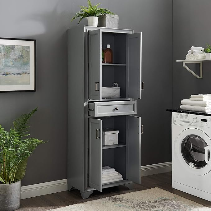 Crosley Furniture Tara Pantry Storage Cabinet with Shelves, Kitchen, Dining, or Laundry Room, Distressed Gray