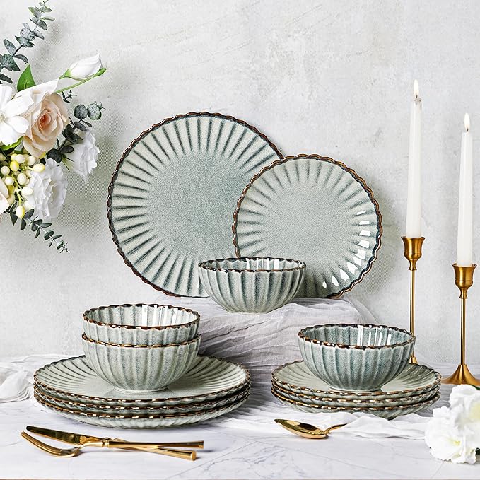 GBHOME Stoneware Dinnerware Sets for 4,Handcrafted Embossed Design Reactive Glaze Ceramic Plates and Bowls, Dishwasher and Microwave Safe, Service for 4(12pcs) (Space Blue, Service for 4)