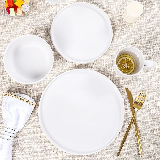 Plates and Bowls Sets for 4 - CJDC-QUELO 16 Piece Stoneware Dinnerware Sets with Mugs, Ceramic Dishware Sets for Kitchen Dining Use, Chip and Scratch Resistant Microwave Dishwasher Safe, White
