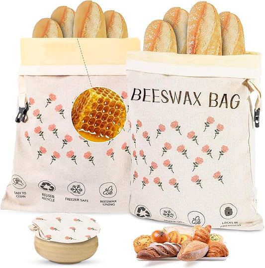 2-Pack Reusable Beeswax Bread Bags for Homemade Bread Sourdough, 2 Natural Beeswax 100% Linen Moisture-proof Lined Storage Bags with Buckle& 1 Bowl Covers –Easy to Clean,Safe,Keeps Bakes Fresh Longer