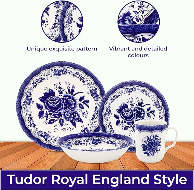 Tudor Royal 16-Piece Porcelain Round Dinnerware Set, Service for 4, Victoria Blue Design, Blue Floral, Plates Bowls Dishes, Glossy, Premium Quality Tableware, Unique Pattern